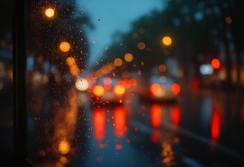 Raindrops on a window with blurred city lights in the background, creating a warm, moody ambiance. Vibrant bokeh highlights the reflections on a wet street.