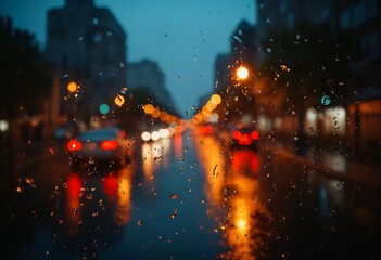 Raindrops on a window with blurred city lights in the background, creating a warm, moody ambiance. Vibrant bokeh highlights the reflections on a wet street.