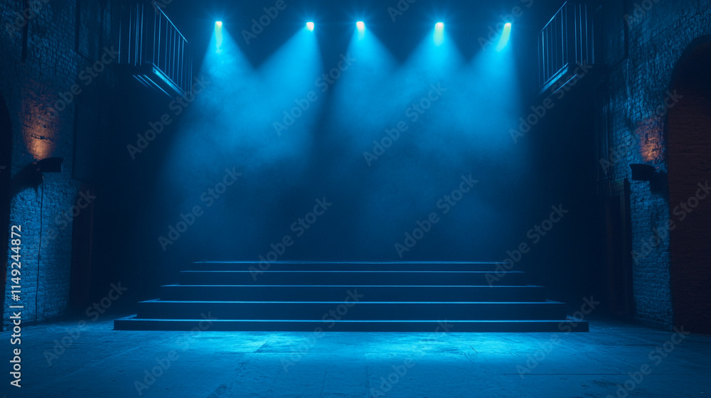 Poster stage setup with dramatic blue lighting and fog in an empty theater.