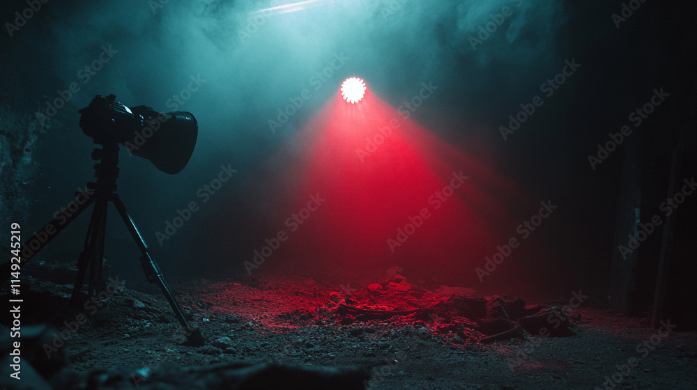 Poster dark and moody setup with a camera and colored lighting in an underground space.
