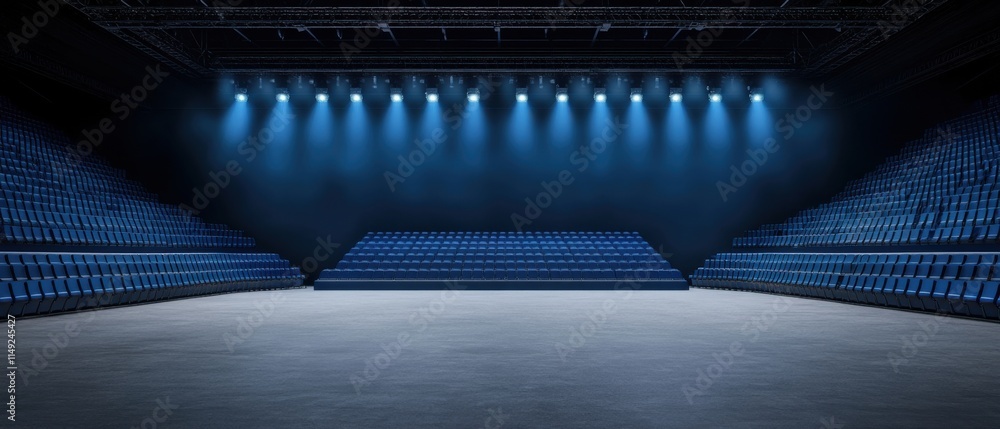 Poster empty modern auditorium with blue lighting and rows of seats ready for a performance or event