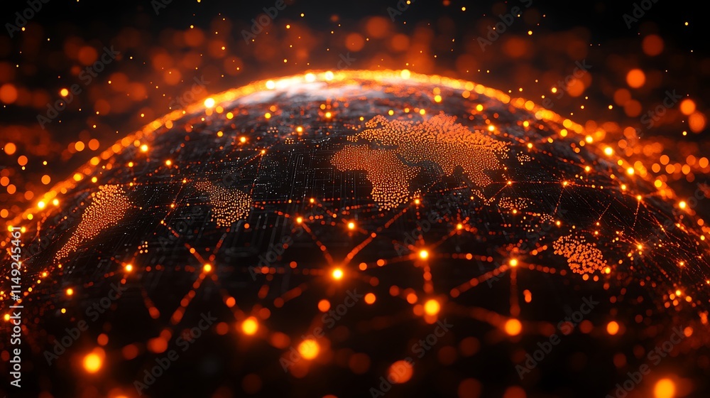 Poster global network: a fiery, abstract depiction of the world connected by a vibrant network of glowing l