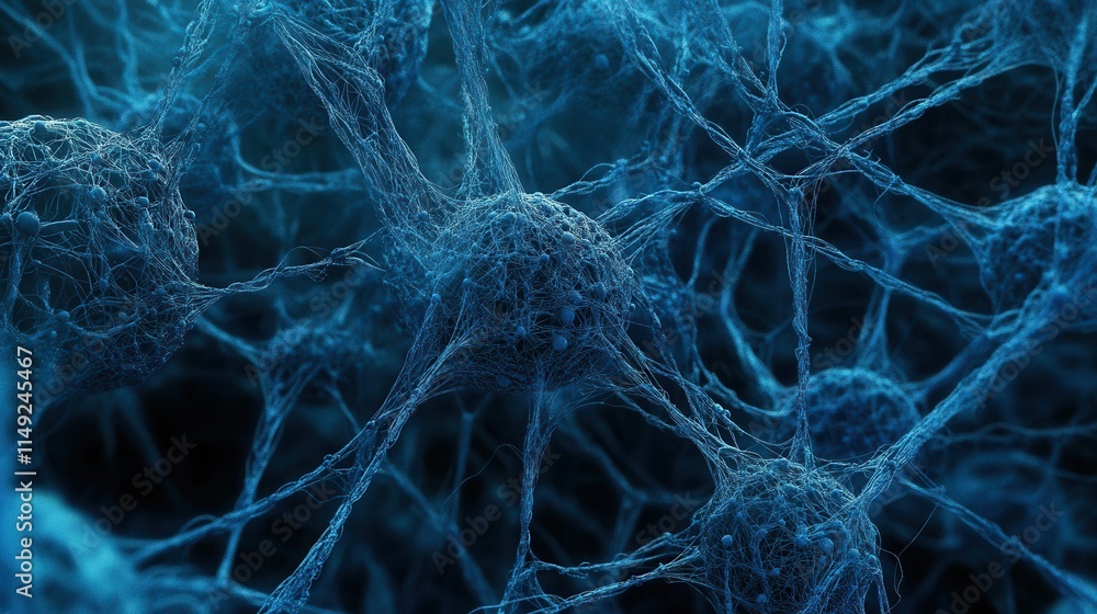 Poster microscopic view of intricate neural network, detailed 3d render of neuron connections, abstract blu