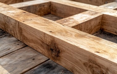 木材の細部が見える建設現場での作業の様子