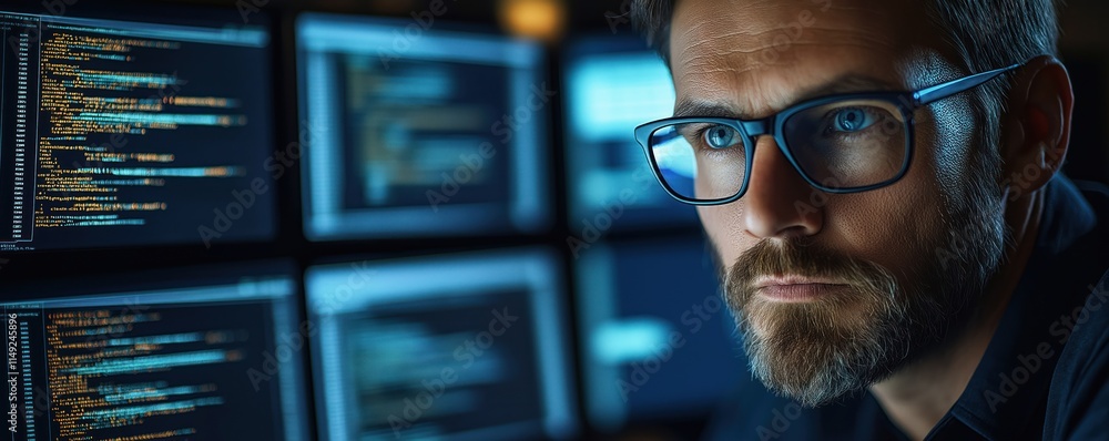 Poster focused cybersecurity expert analyzes network security data. real-time threat detection, network sec