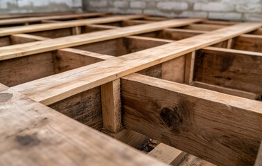 木材を使った床の構造が組み立てられている状態