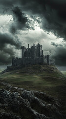 A medieval castle perched on a hilltop during a storm