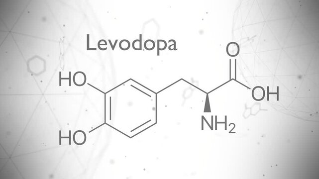 Levodopa chemical formula. Levodopa amino acid molecular bond structure. Medicine and biosynthesis study. 3D render.