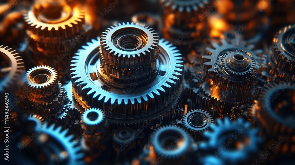 Poster close-up view of intricate gears. metal gears interlock, rotate creating complex mechanical system. 