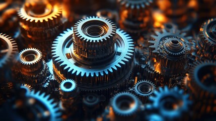 Close-up view of intricate gears. Metal gears interlock, rotate creating complex mechanical system. Blue, orange lighting highlights detailed metalwork, power transmission. Complex machinery in