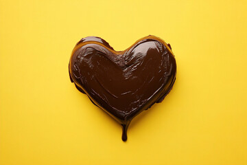 Obraz premium An almost accurate heart shape melted chocolate on a yellow background. (Generative AI)