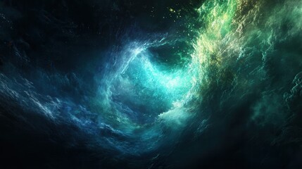 Abstract Cosmic Nebula Swirl Teal, Green, and Dark Space Background Image