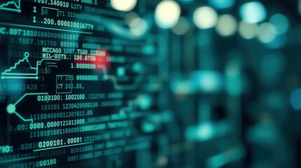 Fototapeta premium A glowing data stream with encrypted codes, symbolizing cybersecurity, IT protection, and data encryption for advanced digital and technology themes.
