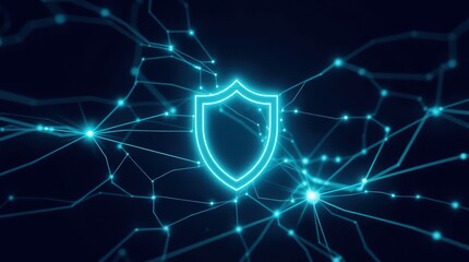 Obraz premium A glowing shield connected by network nodes, symbolizing digital protection, strong encryption, and cybersecurity for modern tech-related designs.