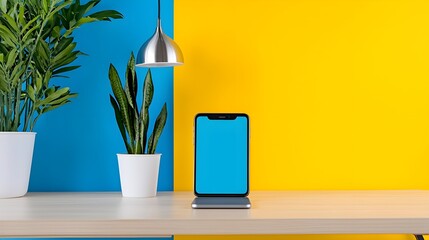 Modern Desk Scene with Smartphone on Stand and Decorative Plants