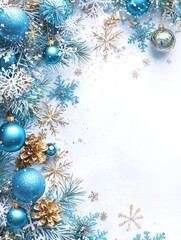 Beautiful Photorealistic Christmas Frame with Blue Ornaments, Snowflakes, Pine Cones, and Glittering Decorations for Holiday Celebrations