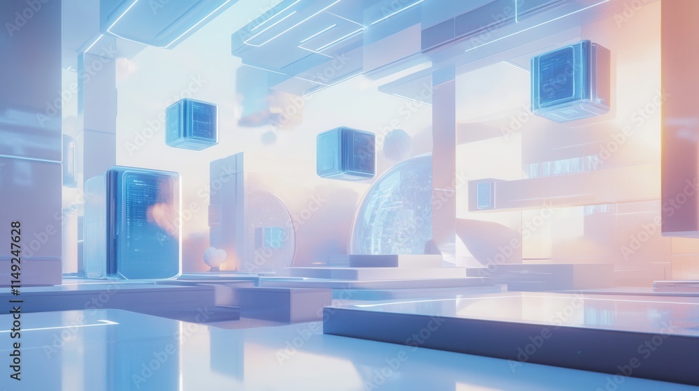 Poster futuristic cloud data center abstract 3d render of a modern, minimalist server room with holographic