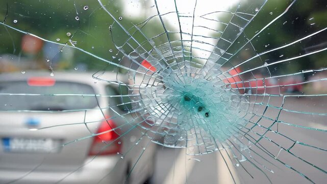 A detailed, close up image of a damaged car windshield with visible cracks and shattered glass.