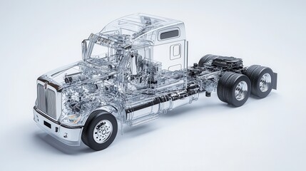 Transparent X-Ray View of a Modern Semi-Truck Detailed 3D Render of Engine, Chassis, and Components.