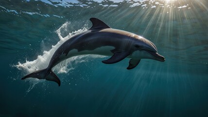 Naklejka premium Dolphin leaping underwater, sun rays.