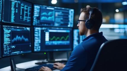 Focused Male Analyst Working with Multiple Monitors Analyzing Data and Financial Graphs in a Modern Office