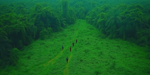 A group of hikers trekking through the lush Amazon rainforest, surrounded by towering trees, colorful birds, and the distant sound of waterfalls, as a guide points out unique wildlife and medicinal 