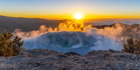 Fototapeta premium A group of travelers enjoying a scenic sunrise trek to the top of Mount Bromo in Indonesia, with the volcano’s crater steaming against a backdrop of golden skies and rolling mist, offering a 