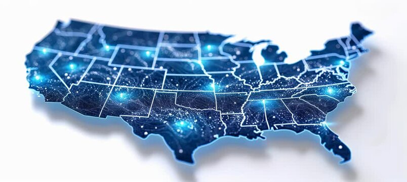 America USA map digital telecom network. Internet, connection, data, cyber, communication, and technology. Generative video AI technology.	
