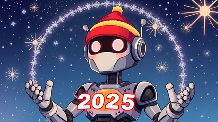 Naklejka premium Robot Welcoming the New Year 2025.