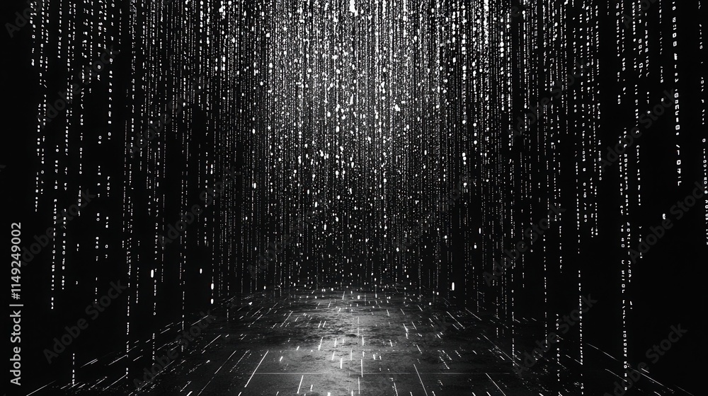 Poster abstract digital rain glowing binary code falling on dark reflective surface - futuristic technology