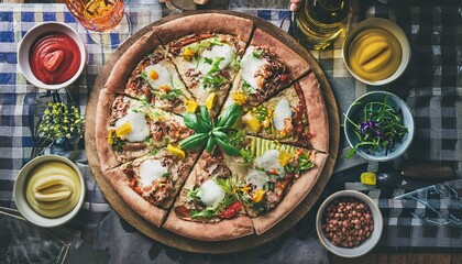 Pizza toppings create a colorful masterpiece.  