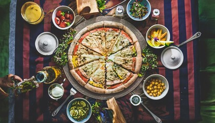 Pizza toppings create a colorful masterpiece.  