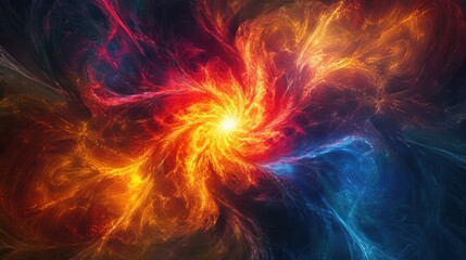 Fototapeta premium Abstract Fiery Vortex Swirling Nebula of Red, Orange, and Blue Energy, Digital Art Background