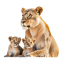 Lioness with two playful cubs on a white isolated background.