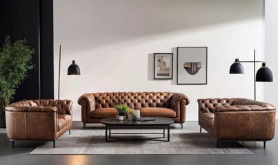Brown leather sofa set in modern living room.