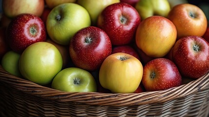 Close-up view of basket filled with fresh ripe apples. Different colors of apples in basket. Red, yellow, green apples visible. Healthy, fresh fruit. Ideal for healthy diet, organic food stores.