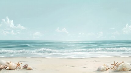 Serene Seascape Stunning Beach Scene with Seashells and Starfish on Sandy Shore under a Tranquil Sky - Perfect for Summer Vacation, Travel, and Coastal Themed Designs