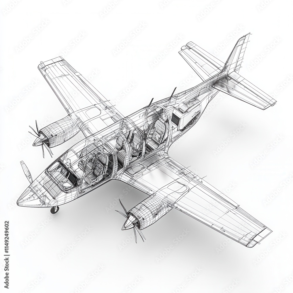 Poster 3d wireframe model of a twin-engine propeller airplane detailed engineering design render