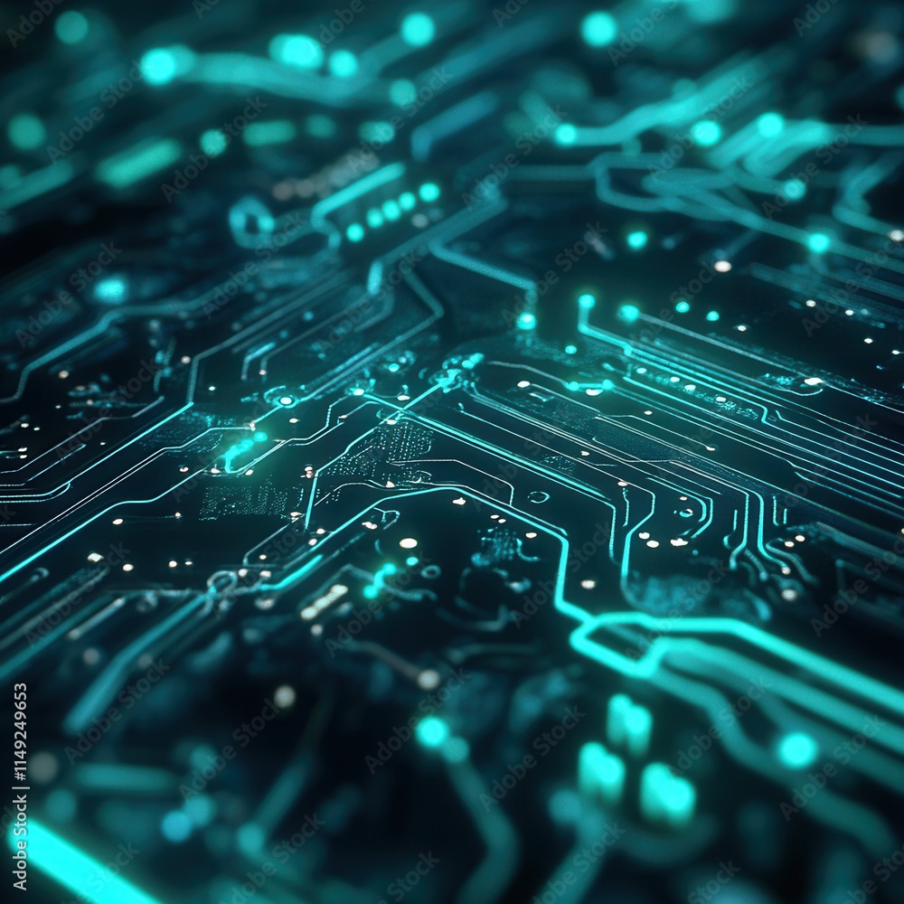 Poster abstract close-up of glowing teal circuit board high-tech digital technology background