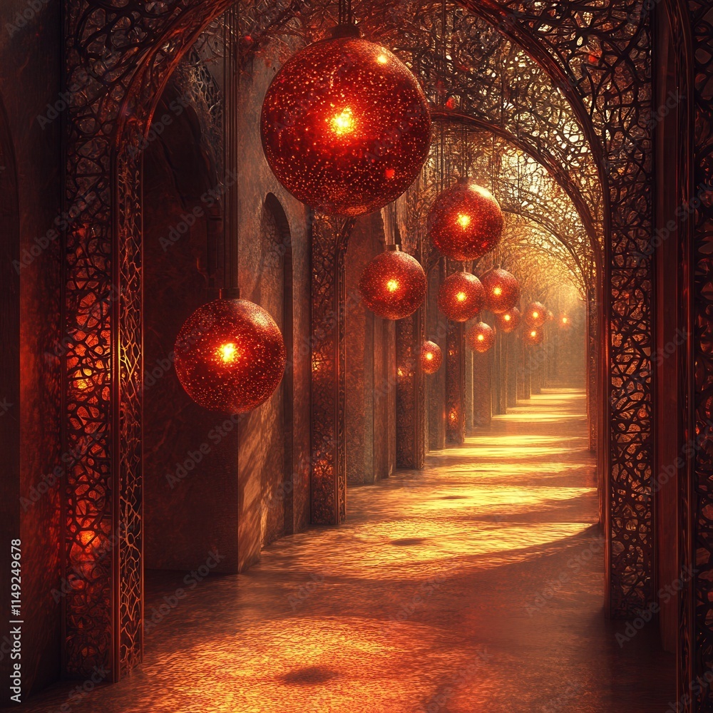 Poster enchanting red-lit corridor digital art of a mystical architecture with intricate latticework and gl