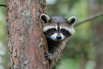 Cute raccoon peeking from behind tree trunk. Adorable animal exploring nature. Close-up portrait of young raccoon. Wildlife photo in forest. Mammal sitting on tree. Outdoor scene. Nature concept.