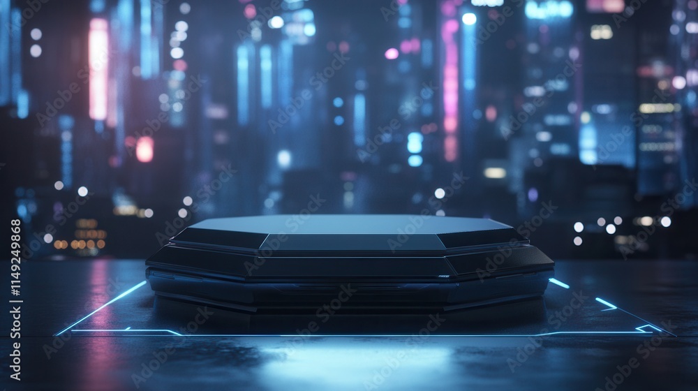 Poster futuristic cyberpunk cityscape background with illuminated octagonal display stand for product prese