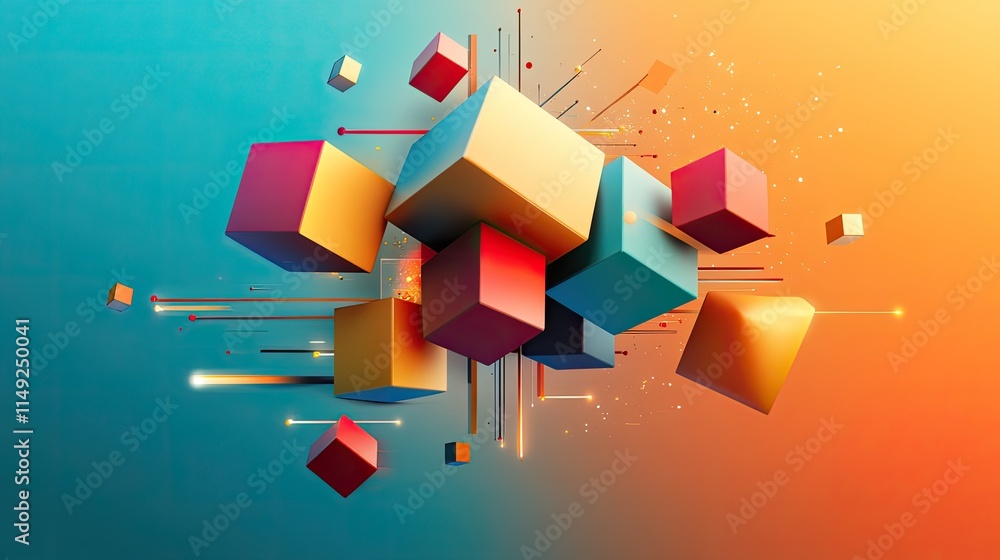 Poster abstract colorful cubes explosion: a dynamic 3d composition