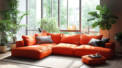 Terra Cotta Fabric Sofa in a Minimalist Living Room