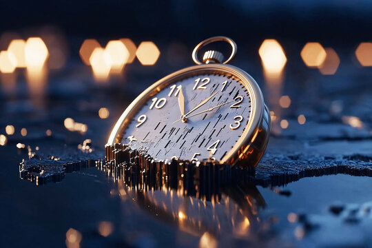 A melting clock face transitions into graphs of economic decline, symbolizing a recession countdown and time sensitive forecast