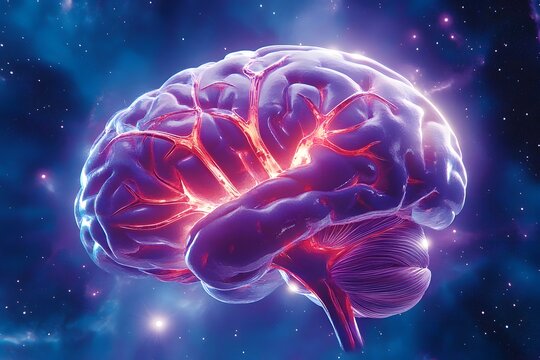 A vibrant purple and blue brain with glowing red veins, set against the backdrop of deep space. 