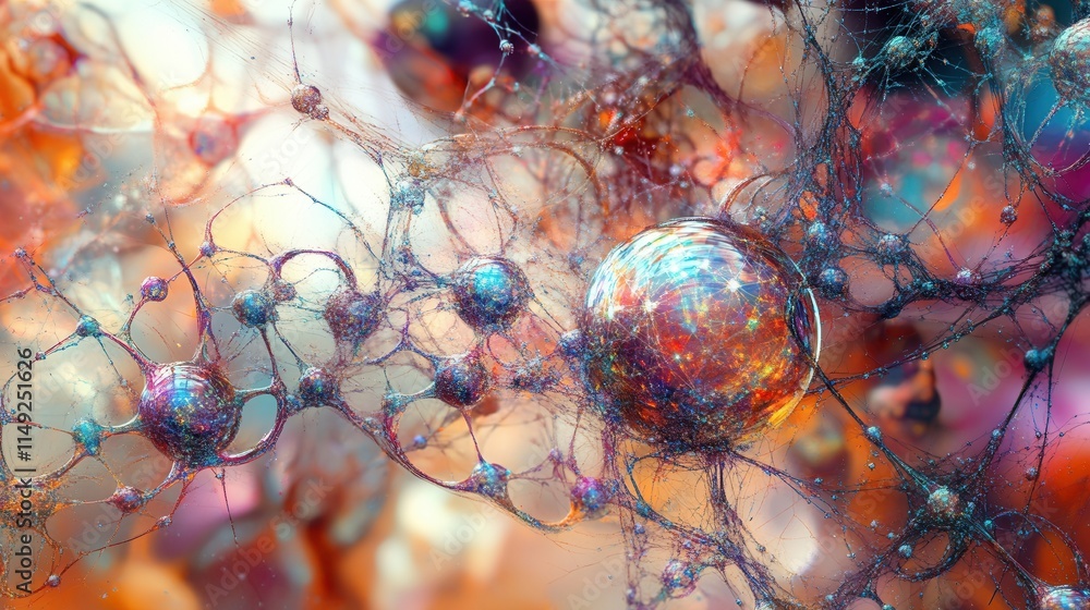 Poster abstract neural network microscopic view of colorful interconnected neurons and synapses.