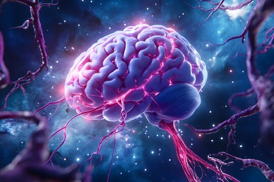 A vibrant purple and blue brain with glowing red veins, set against the backdrop of deep space. 
