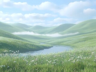 A serene landscape featuring rolling green hills adorned with wildflowers under a soft blue sky, creating a tranquil atmosphere with a gentle stream flowing through the lush grassland.