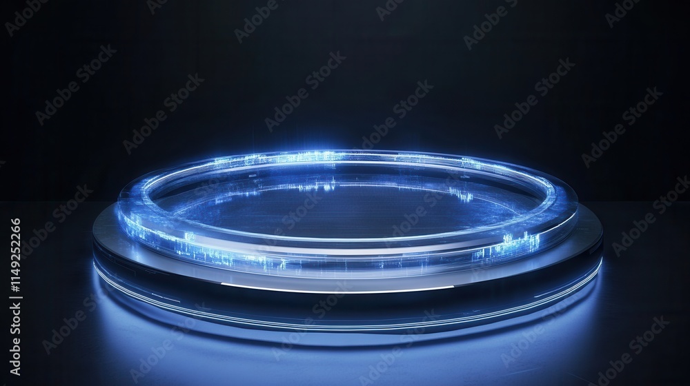 Poster futuristic circular platform with glowing blue neon lights abstract technology background for produc